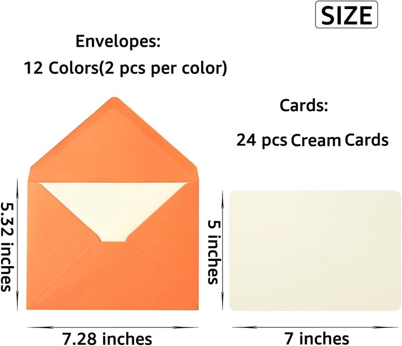 Wishop A7 Colorful Envelopes and Blank Cards 24 Pieces A7 Envelopes and 24 Pieces 5x7 Cream Color Flat Cards for Weddings, Invitations, Birthday, Baby Shower (Cream/Multicolor) - Image 2